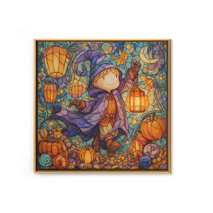 The Lantern-Light Wizard, Stained Glass Halloween, Square Wall Art, Canvas Print, Cute Halloween Wall Art