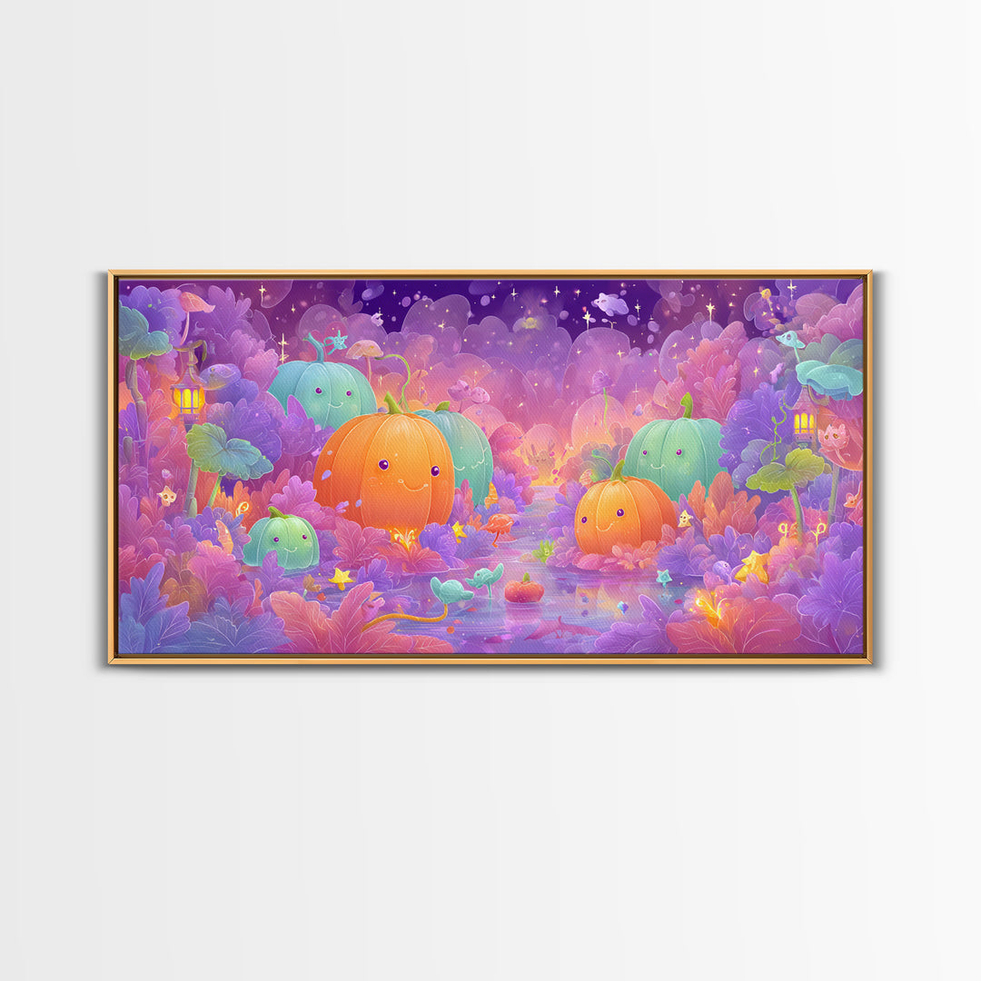 The Pumpkin Fairy Garden, Vaporwave Halloween Art, Wide Panoramic Art, Framed Canvas Print, Cute Halloween Wall Art