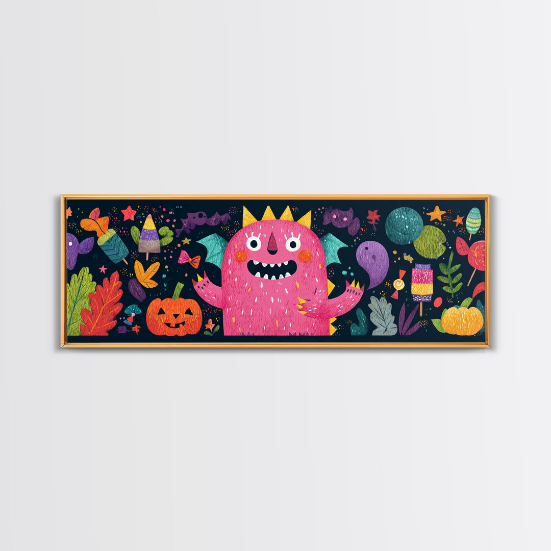 The Polka-Dot Monster, Pixel Halloween Art, Extra Wide Wall Art, Canvas Print, Cute Halloween Wall Art