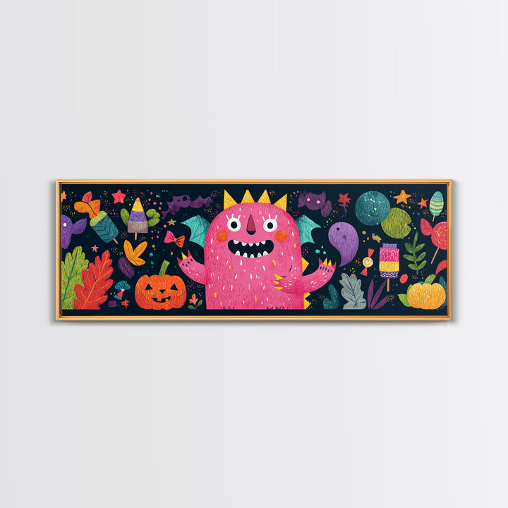 The Polka-Dot Monster, Pixel Halloween Art, Extra Wide Wall Art, Canvas Print, Cute Halloween Wall Art
