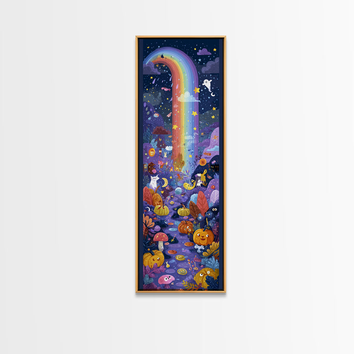 The Rainbow After The Halloween Rain, Vector Halloween Art, Tall Narrow Wall Art, Framed Canvas Print, Cute Halloween Wall Art