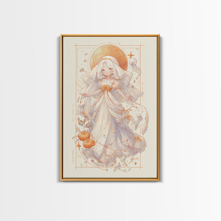 The Bride Of The Abyssal Moon, Hand Sketch Halloween Art, Vertical Wall Art, Canvas Print, Cute Halloween Wall Art