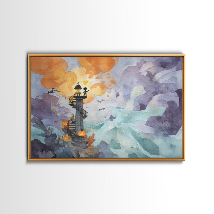 The Last Lighthouse Of Y’Ha-Nthlei, Watercolor Halloween Art, Landscape Wall Art, Framed Canvas Print, Cute Halloween Wall Art
