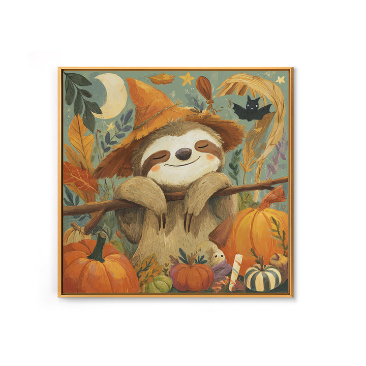 The Scarecrow Sloth, Gouache Halloween Art, Square Wall Art, Canvas Print, Cute Halloween Wall Art, Halloween Kids Decor