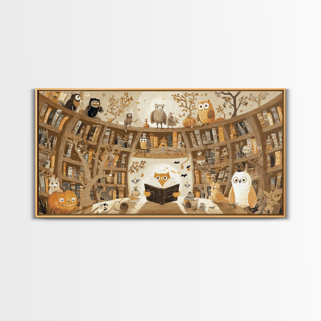 The Moonbeam Library, Crayon Halloween Art, Wide Panoramic Art, Framed Canvas Print, Cute Halloween Wall Art