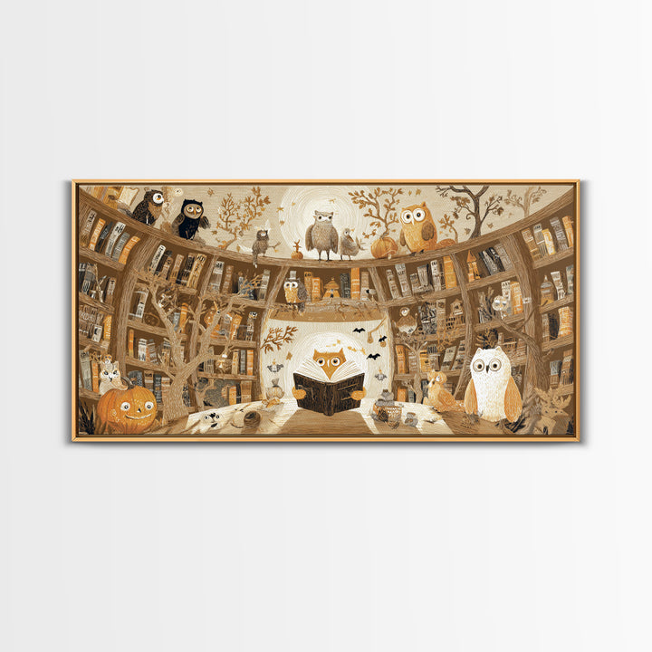 The Moonbeam Library, Crayon Halloween Art, Wide Panoramic Art, Framed Canvas Print, Cute Halloween Wall Art