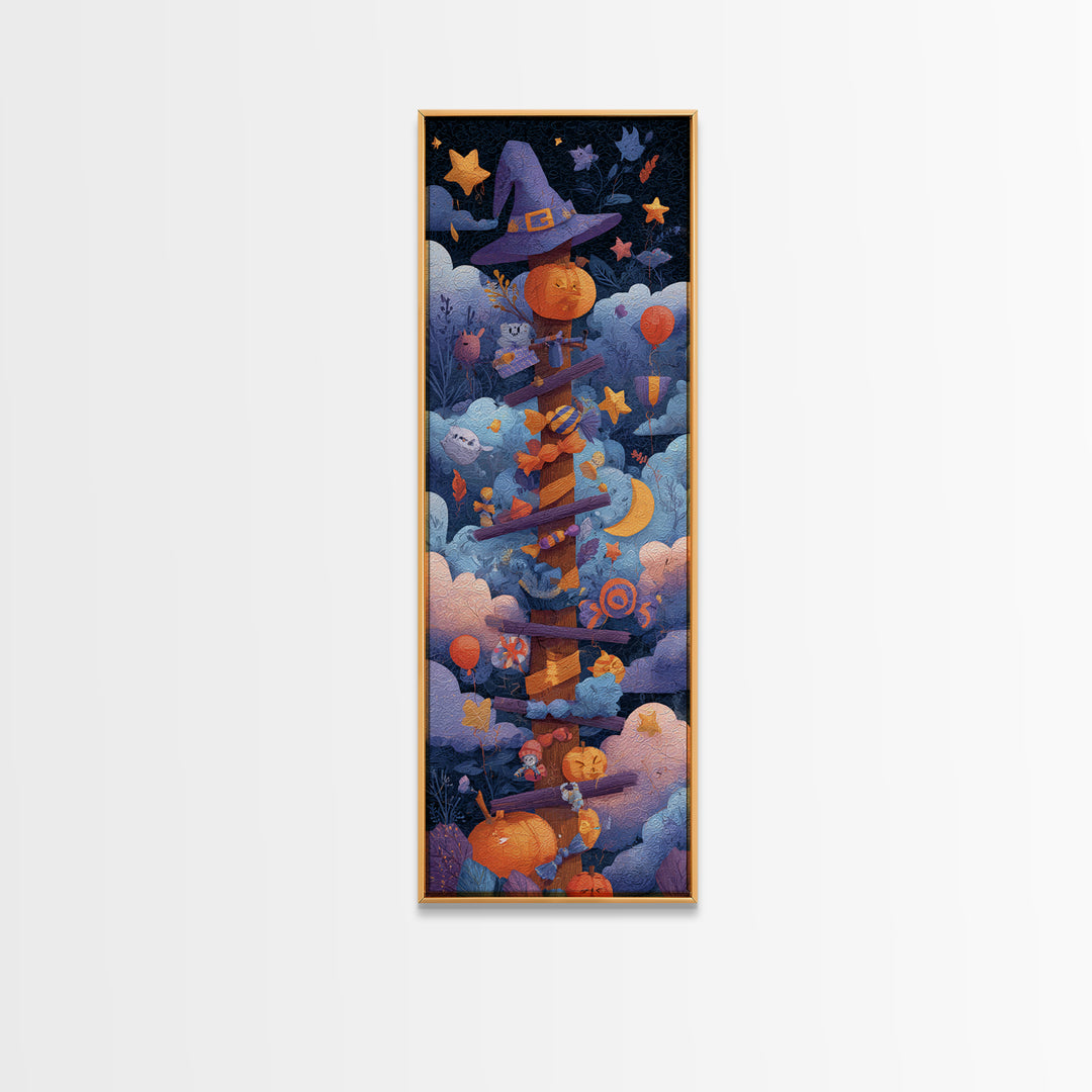 The Broomstick Obstacle Course, Paper Collage Halloween, Tall Narrow Wall Art, Framed Canvas Print, Cute Halloween Wall Art