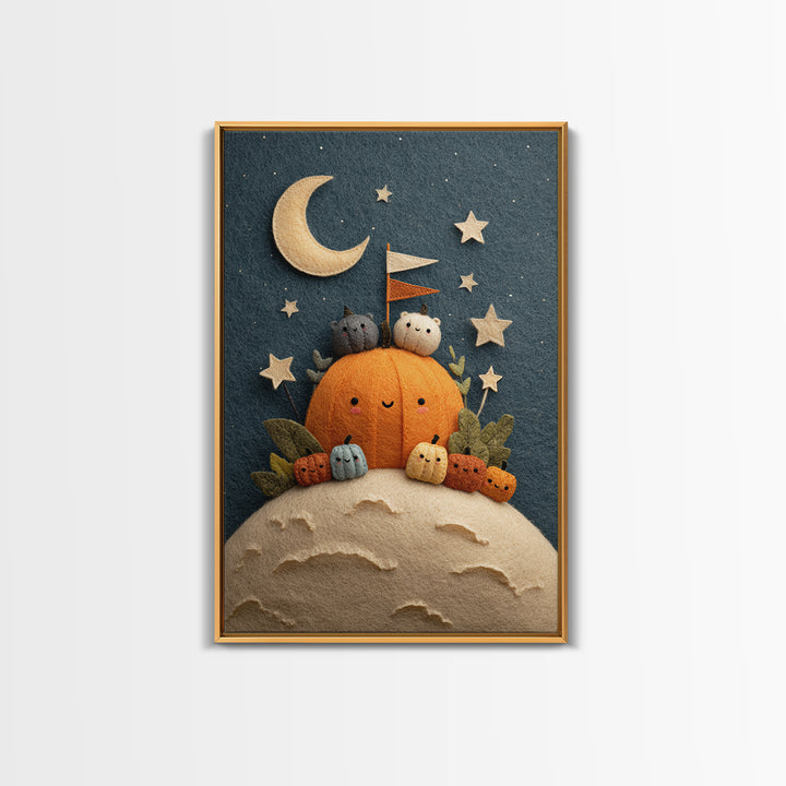 The Pumpkin Moon Expedition, Felt Halloween Art, Vertical Wall Art, Canvas Print, Cute Halloween Wall Art