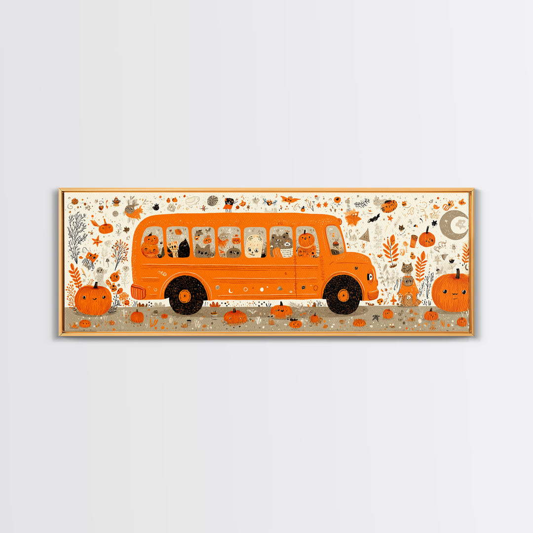 The Pumpkin School Bus, Retro Halloween Art, Extra Wide Wall Art, Canvas Print, Cute Halloween Wall Art