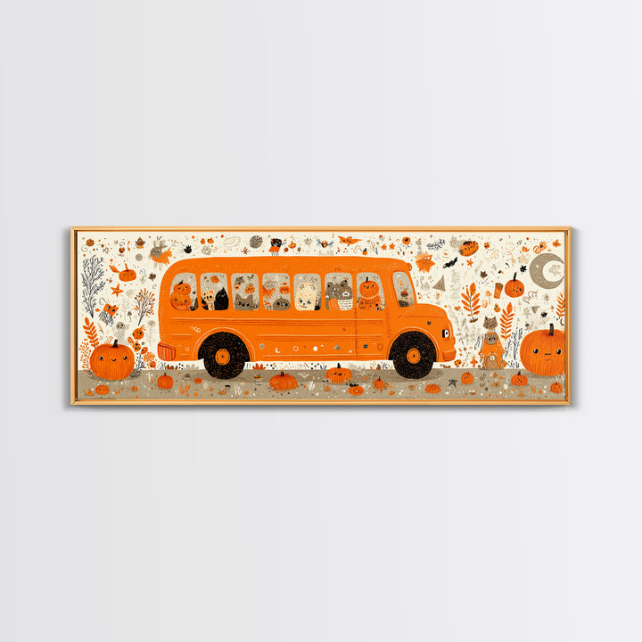 The Pumpkin School Bus, Retro Halloween Art, Extra Wide Wall Art, Canvas Print, Cute Halloween Wall Art