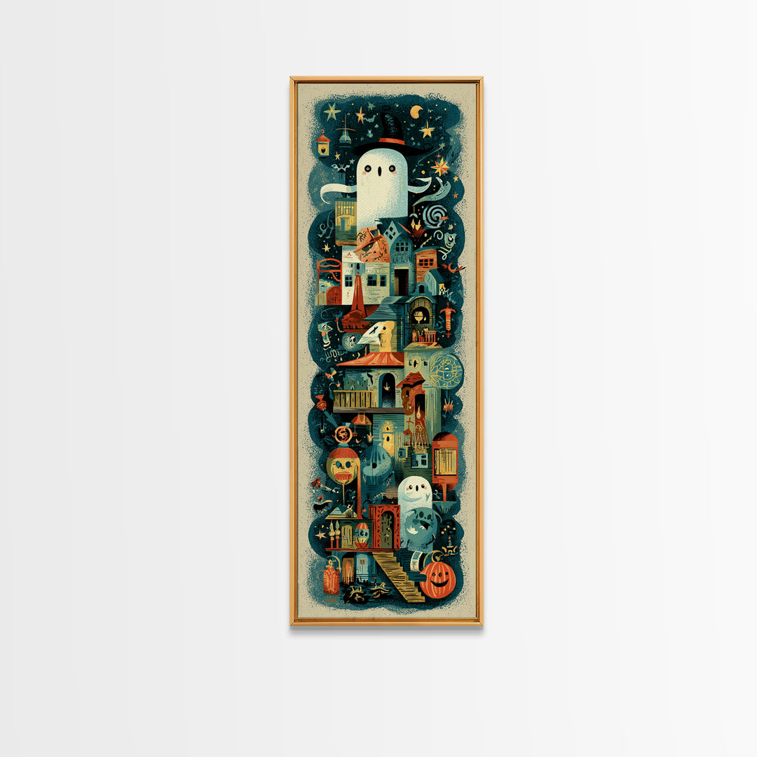 The Ghost Mail Carrier, Screenprint Halloween Art, Tall Narrow Wall Art, Framed Canvas Print, Cute Halloween Wall Art