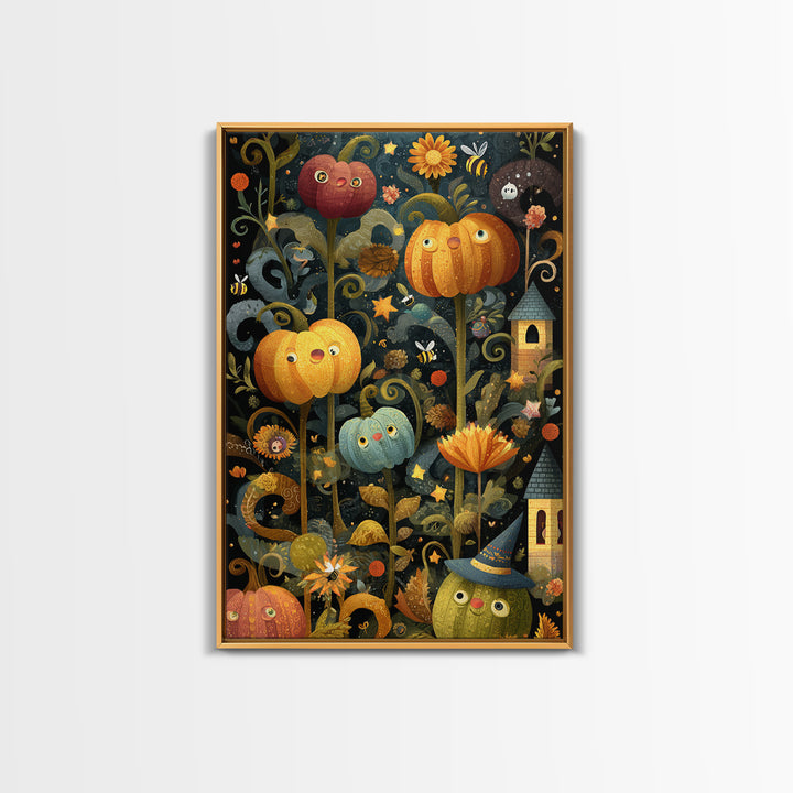 The Pumpkin Flower Garden, Folk Halloween Art, Vertical Wall Art, Canvas Print, Cute Halloween Wall Art