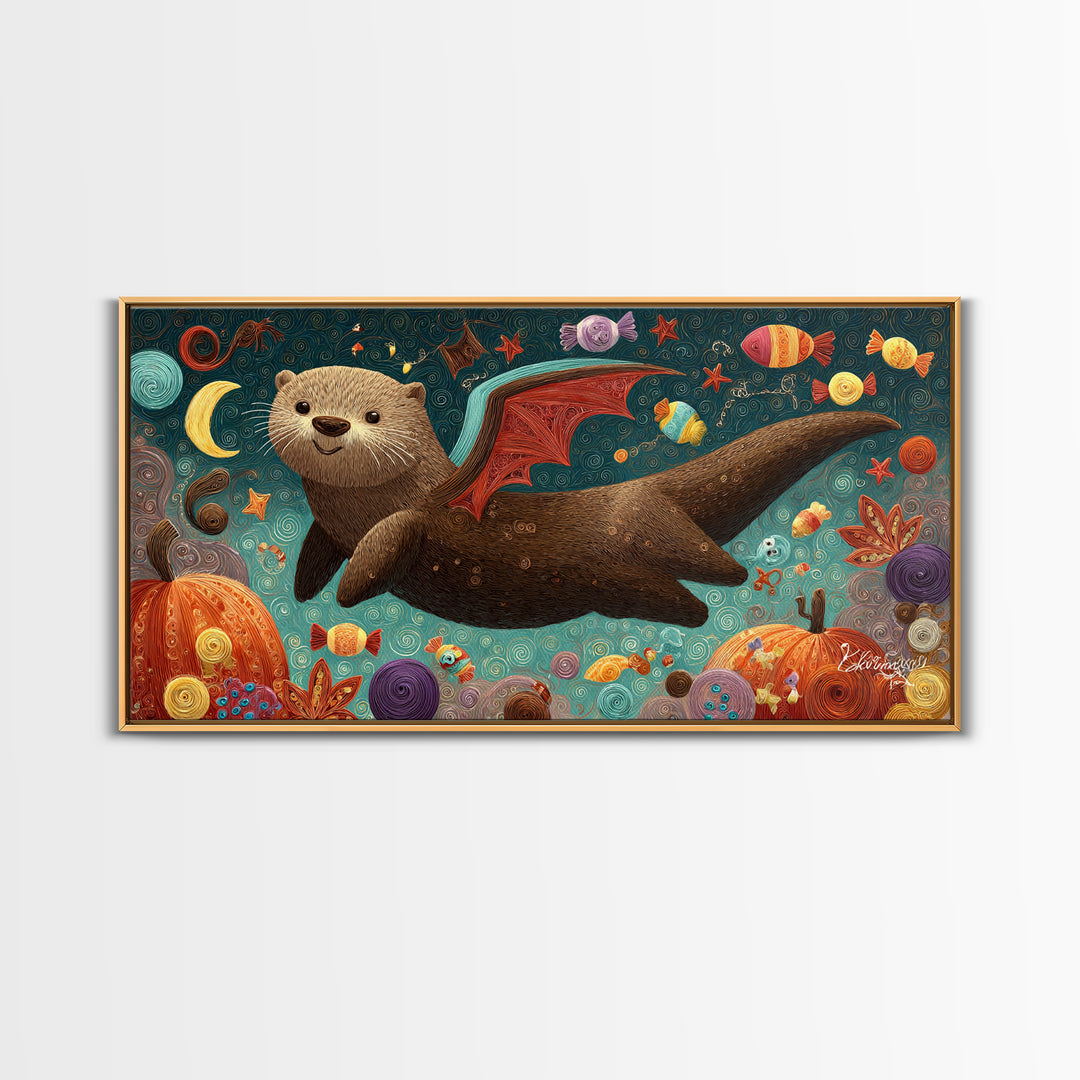 The Bat-Winged Otter, Quilled Halloween Art, Wide Panoramic Art, Framed Canvas Print, Cute Halloween Wall Art