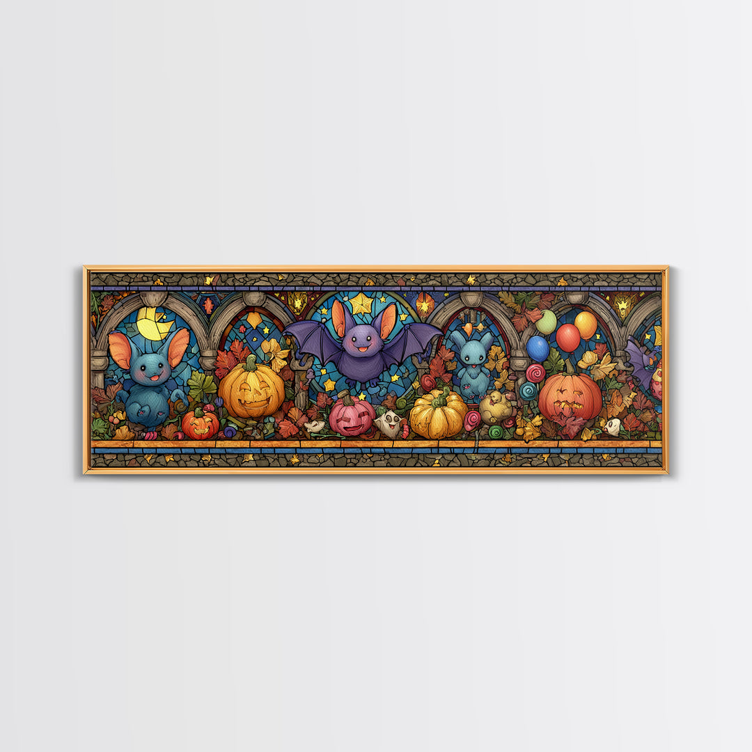 The Bat Balloon Factory, Stained Glass Halloween, Extra Wide Wall Art, Canvas Print, Cute Halloween Wall Art