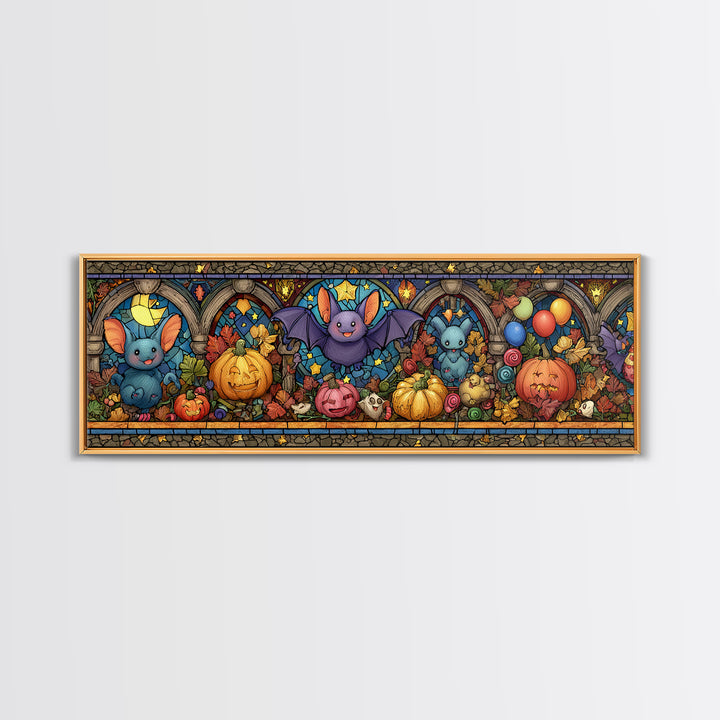 The Bat Balloon Factory, Stained Glass Halloween, Extra Wide Wall Art, Canvas Print, Cute Halloween Wall Art