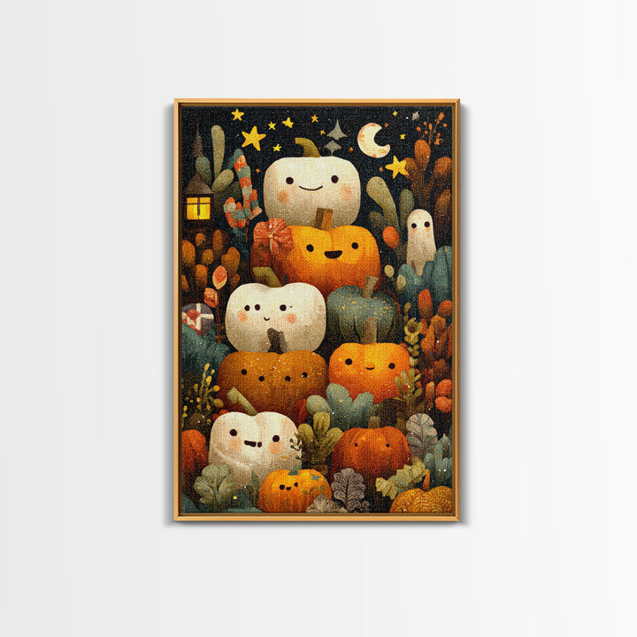 The Pumpkin Painting Party, Pixel Halloween Art, Vertical Wall Art, Canvas Print, Cute Halloween Wall Art
