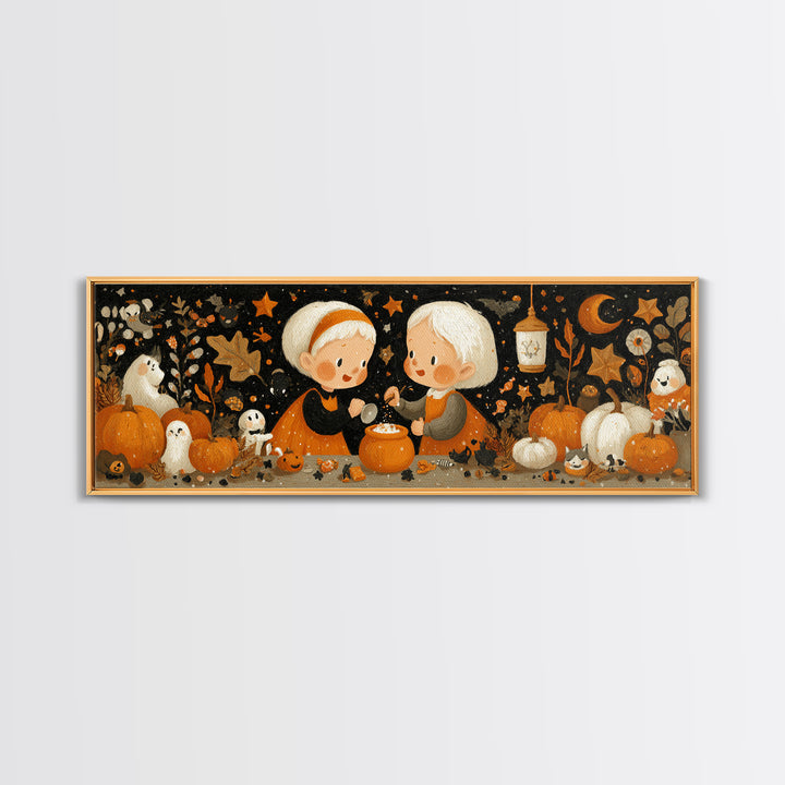 The Pumpkin Potion Twins, Gouache Halloween Art, Extra Wide Wall Art, Canvas Print, Cute Halloween Wall Art