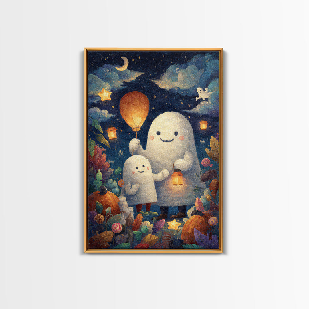 The Ghost Balloon Friend, Pastel Halloween Art, Vertical Wall Art, Canvas Print, Cute Halloween Wall Art