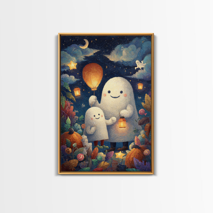 The Ghost Balloon Friend, Pastel Halloween Art, Vertical Wall Art, Canvas Print, Cute Halloween Wall Art