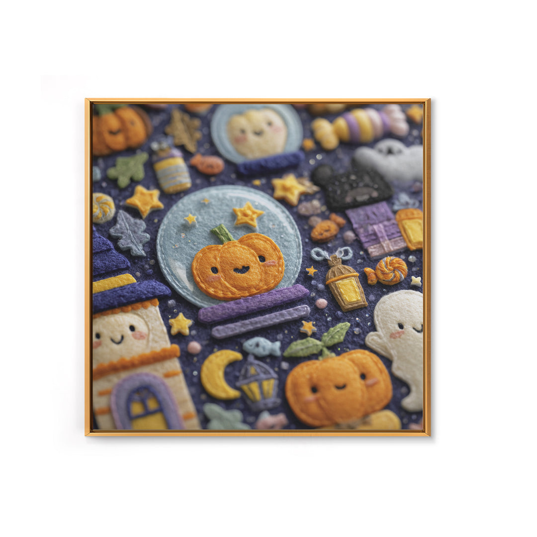 The Halloween Bubble Village, Felt Halloween Art, Square Wall Art, Canvas Print, Cute Halloween Wall Art