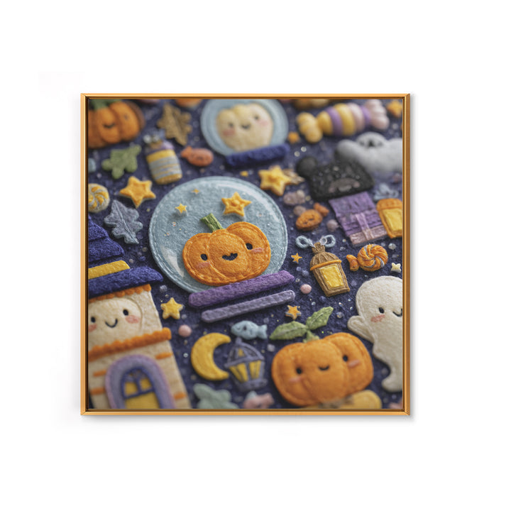 The Halloween Bubble Village, Felt Halloween Art, Square Wall Art, Canvas Print, Cute Halloween Wall Art