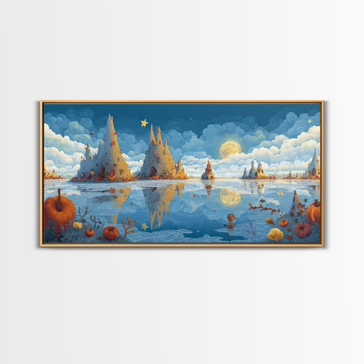 The Frost Beyond Carcosa, Clay Halloween Art, Wide Panoramic Art, Framed Canvas Print, Cute Halloween Wall Art