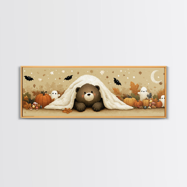 The Bear Cub Ghost, Plush Halloween Art, Extra Wide Wall Art, Canvas Print, Cute Halloween Wall Art, Cozy Autumn Kids Decor
