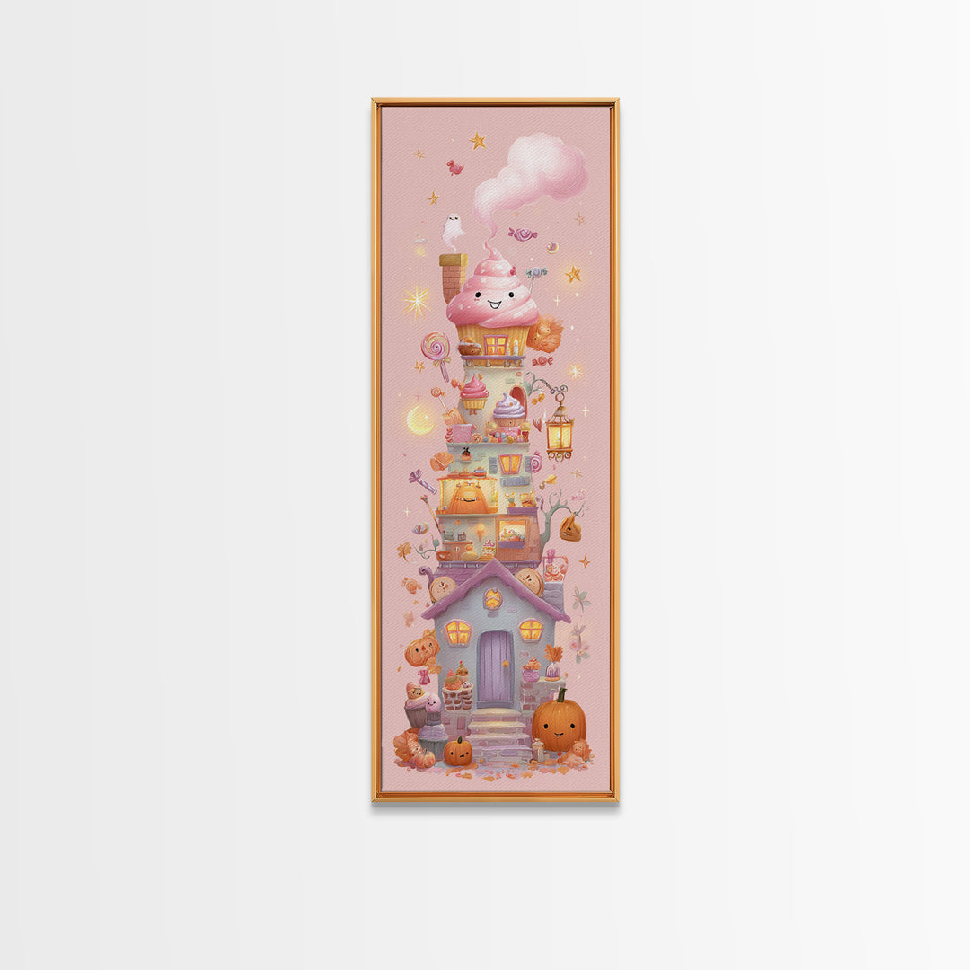The Witch'S Cupcake Cottage, Kawaii Halloween Art, Tall Narrow Wall Art, Framed Canvas Print, Cute Halloween Wall Art