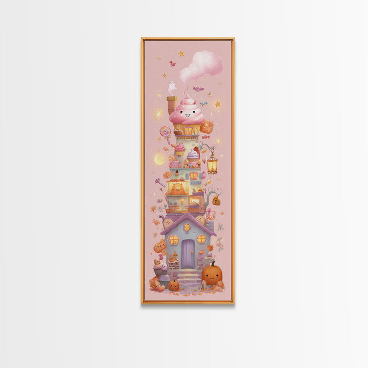 The Witch'S Cupcake Cottage, Kawaii Halloween Art, Tall Narrow Wall Art, Framed Canvas Print, Cute Halloween Wall Art