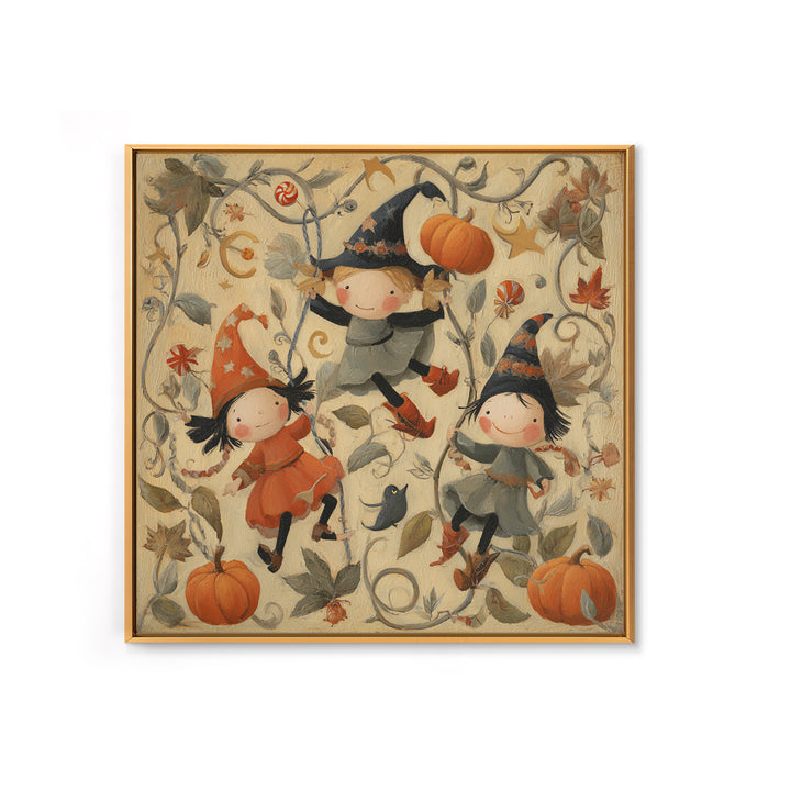 The Pumpkin Vine Swing, Folk Halloween Art, Square Wall Art, Canvas Print, Cute Halloween Wall Art, Halloween Kids Decor
