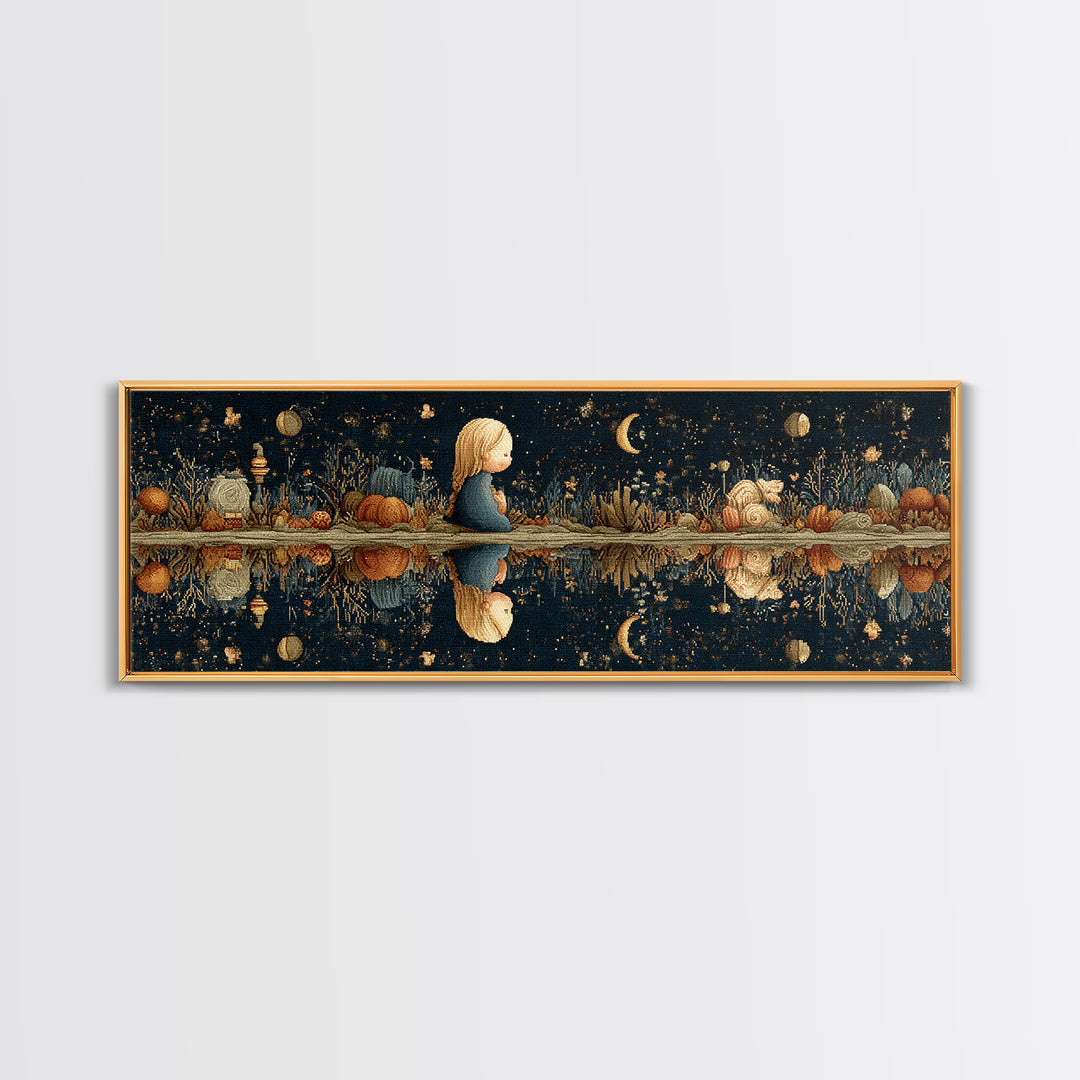 The Mirror Lake Of Lost Constellations, Embroidered Halloween Art, Extra Wide Wall Art, Canvas Print, Cute Halloween Wall Art