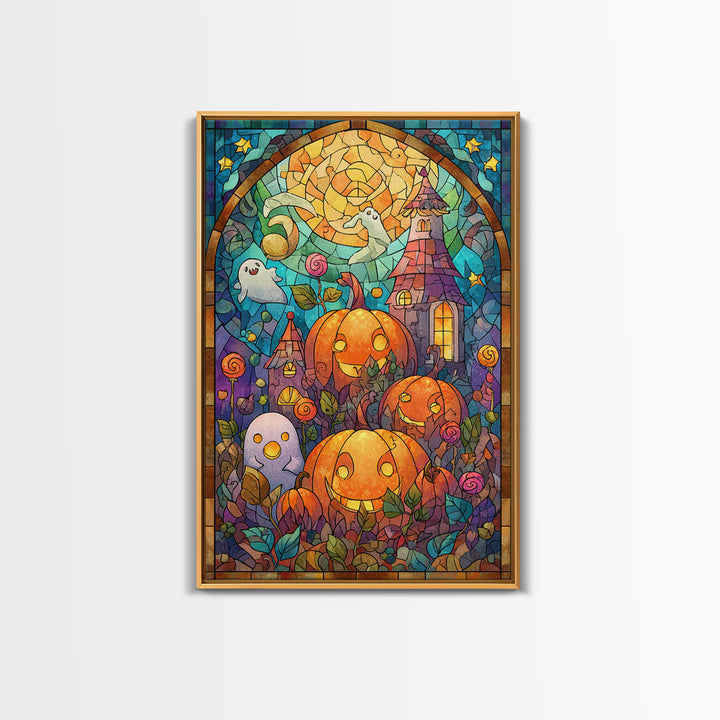 The Starry Pumpkin Farm, Stained Glass Halloween, Vertical Wall Art, Canvas Print, Cute Halloween Wall Art