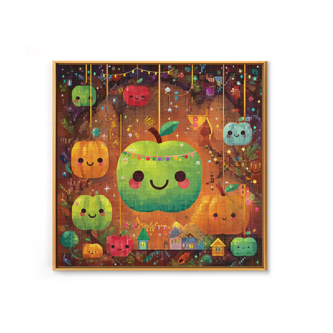 The Candy Apple Dance, Pixel Halloween Art, Square Wall Art, Canvas Print, Cute Halloween Wall Art, Halloween Kids Decor
