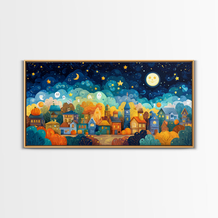 The Rainbow Halloween Night, Vector Halloween Art, Wide Panoramic Art, Framed Canvas Print, Cute Halloween Wall Art