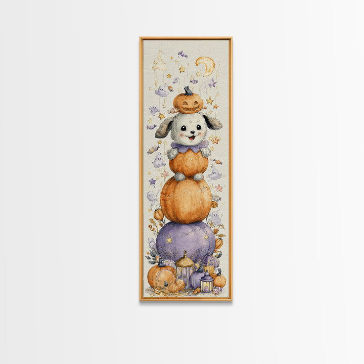 The Pumpkin Puppy, Watercolor Halloween Art, Tall Narrow Wall Art, Framed Canvas Print, Cute Halloween Wall Art