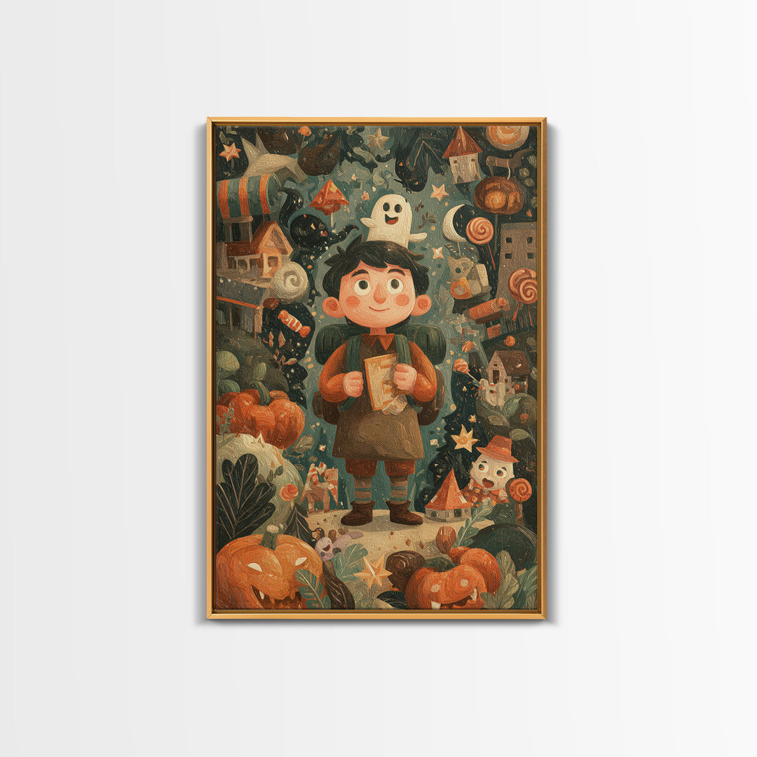 The Candy Map Adventurers, Gouache Halloween Art, Vertical Wall Art, Canvas Print, Cute Halloween Wall Art
