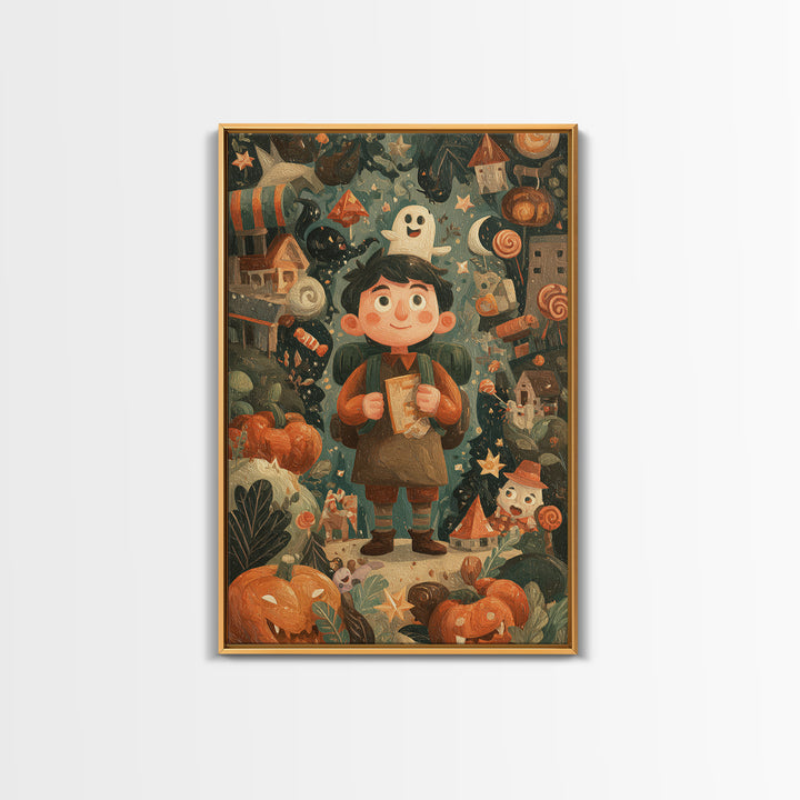 The Candy Map Adventurers, Gouache Halloween Art, Vertical Wall Art, Canvas Print, Cute Halloween Wall Art
