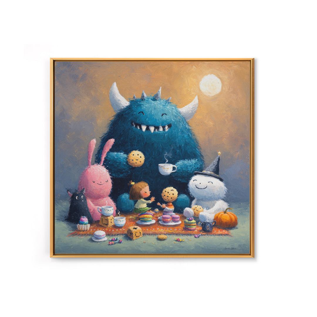 The Monster Under The Bed Tea Party, Pastel Halloween Art, Square Wall Art, Canvas Print, Cute Halloween Wall Art