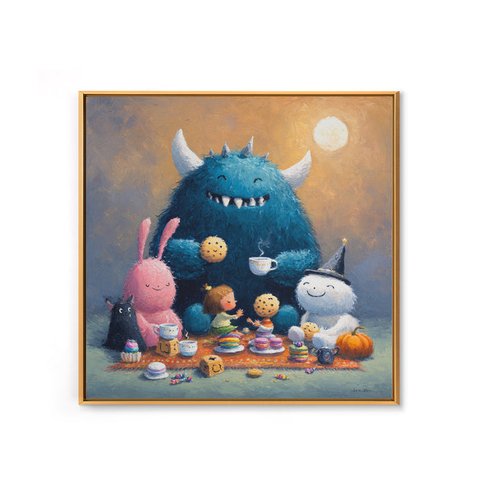 The Monster Under The Bed Tea Party, Pastel Halloween Art, Square Wall Art, Canvas Print, Cute Halloween Wall Art