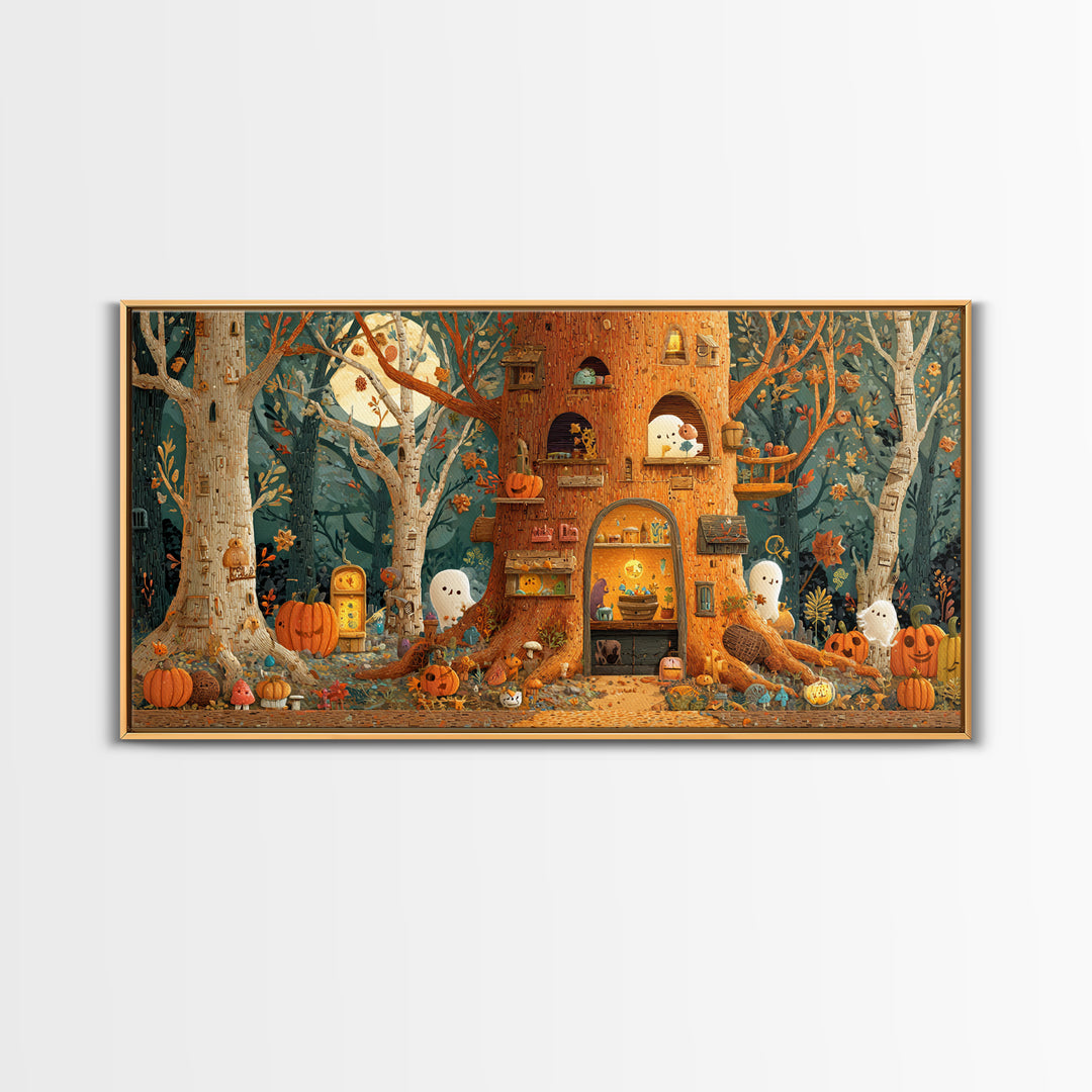 The Cozy Hollow Tree, Paper Collage Halloween, Wide Panoramic Art, Framed Canvas Print, Cute Halloween Wall Art