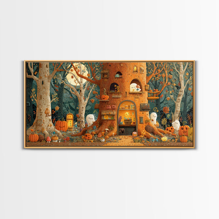 The Cozy Hollow Tree, Paper Collage Halloween, Wide Panoramic Art, Framed Canvas Print, Cute Halloween Wall Art