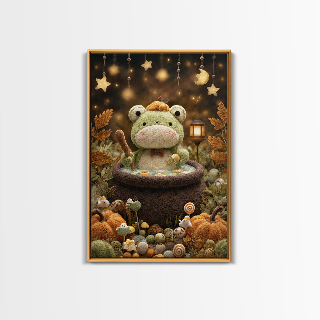 The Cauldron Frog, Plush Halloween Art, Vertical Wall Art, Canvas Print, Cute Halloween Wall Art, Whimsical Nursery Decor