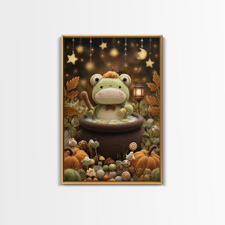 The Cauldron Frog, Plush Halloween Art, Vertical Wall Art, Canvas Print, Cute Halloween Wall Art, Whimsical Nursery Decor