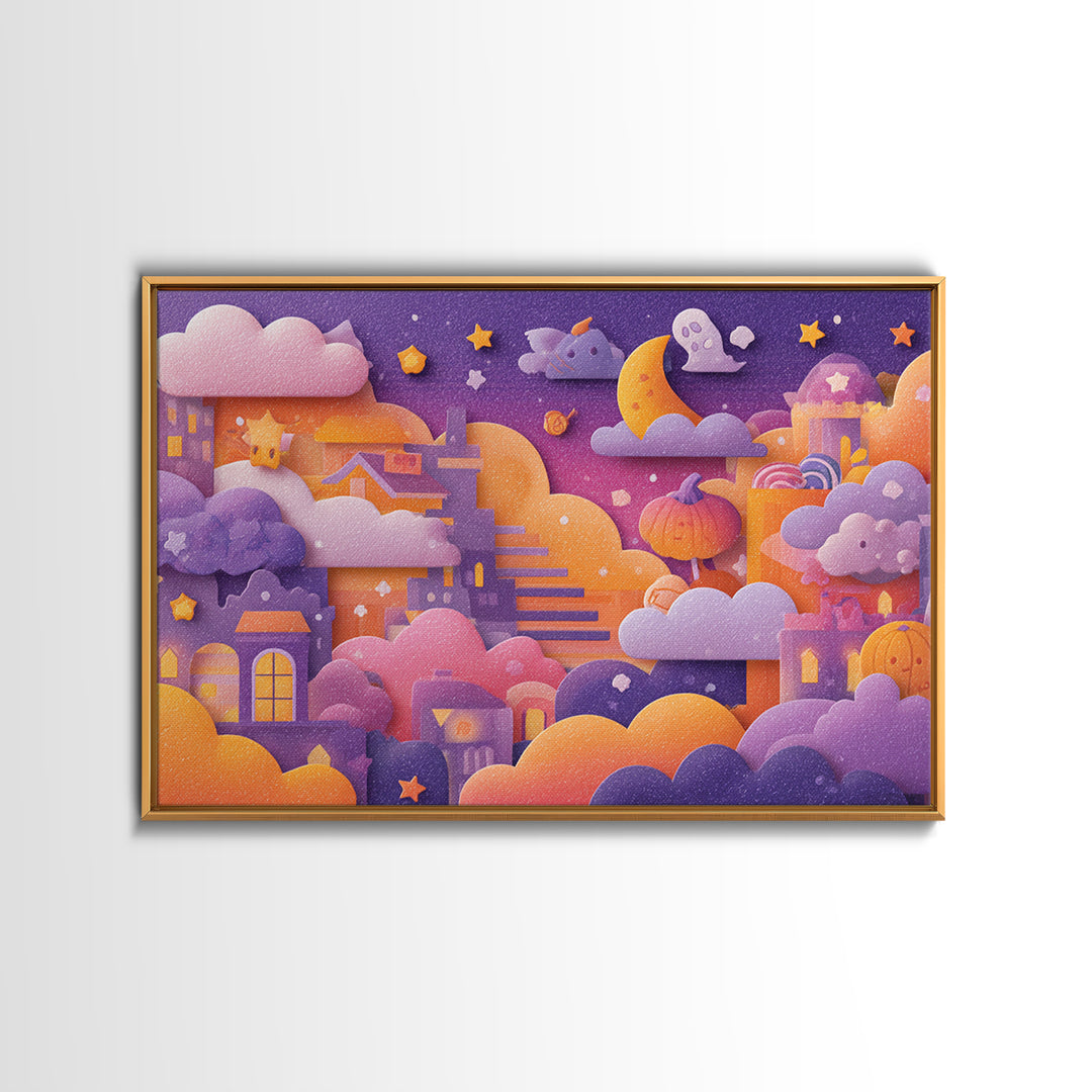 The Halloween Cloud Kingdom, Kawaii Halloween Art, Landscape Wall Art, Framed Canvas Print, Cute Halloween Wall Art