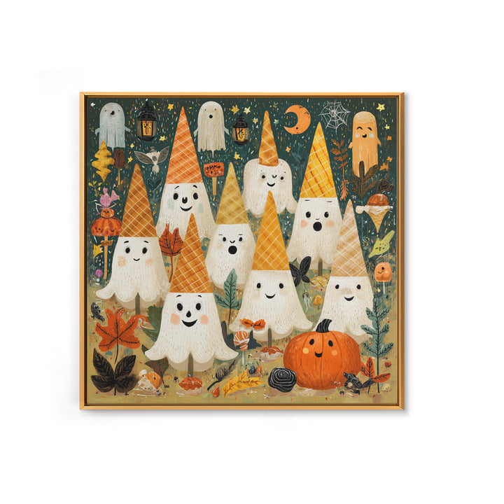 The Ice-Cream Ghost Parade, Retro Halloween Art, Square Wall Art, Canvas Print, Cute Halloween Wall Art