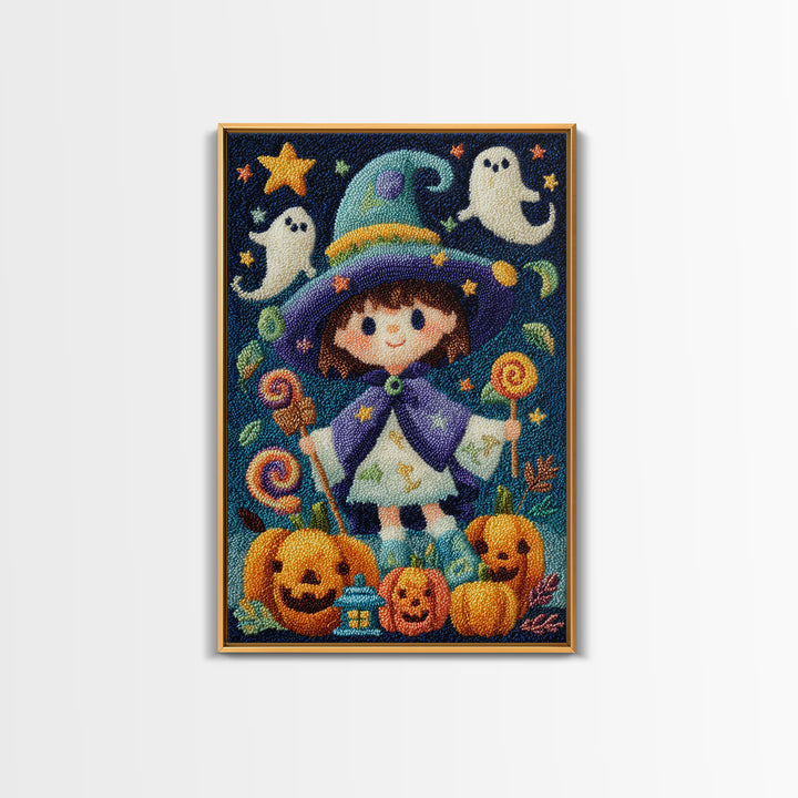 The Star-Cape Magician, Embroidered Halloween Art, Vertical Wall Art, Canvas Print, Cute Halloween Wall Art