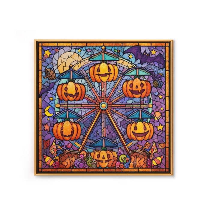 The Pumpkin Ferris Wheel, Stained Glass Halloween, Square Wall Art, Canvas Print, Cute Halloween Wall Art