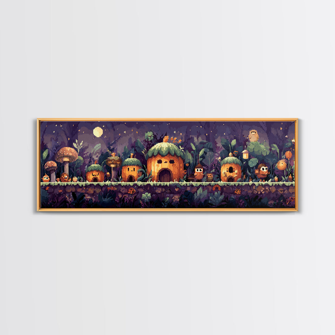 The Moonlit Acorn Village, Pixel Halloween Art, Extra Wide Wall Art, Canvas Print, Cute Halloween Wall Art
