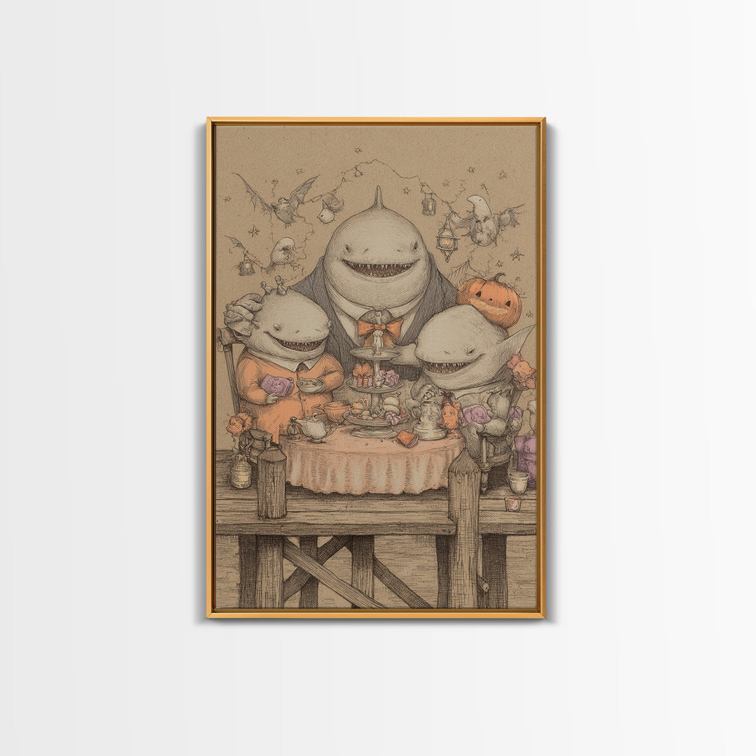 The Tea Party At Innsmouth Pier, Hand Sketch Halloween Art, Vertical Wall Art, Canvas Print, Cute Halloween Wall Art