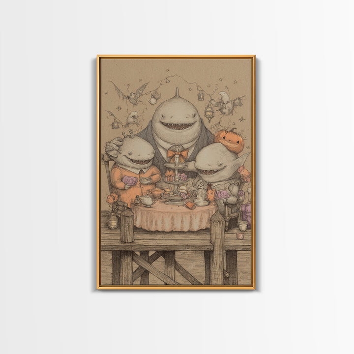 The Tea Party At Innsmouth Pier, Hand Sketch Halloween Art, Vertical Wall Art, Canvas Print, Cute Halloween Wall Art